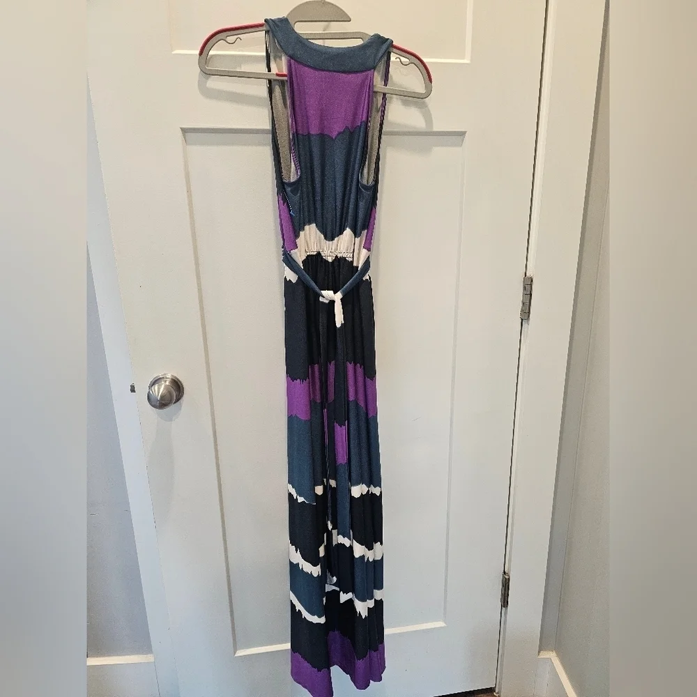 ICE Petite Beaded Waist Maxi Dress 8P Purple Navy Ombre Sleeveless Stretch